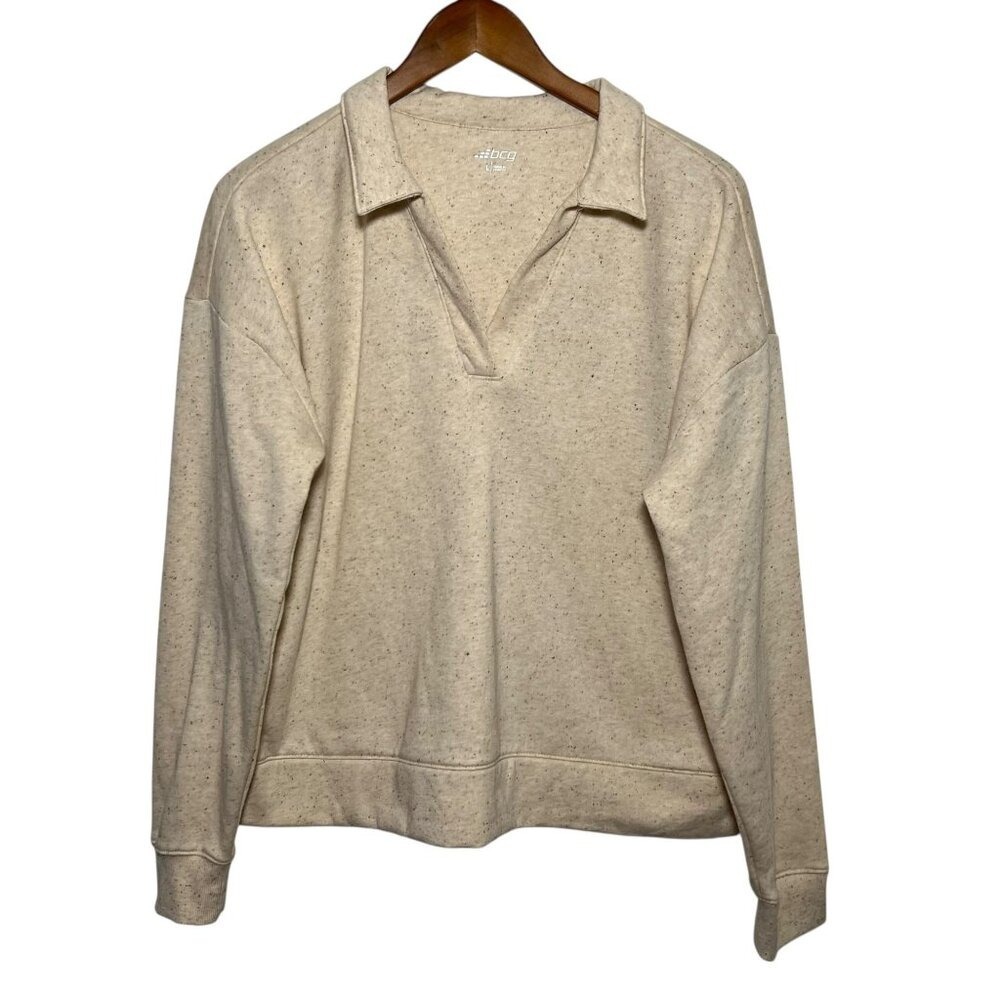 Oatmeal Speckled Polo Top Womens Large Fleece Collared Minimalist Cozy Travel
